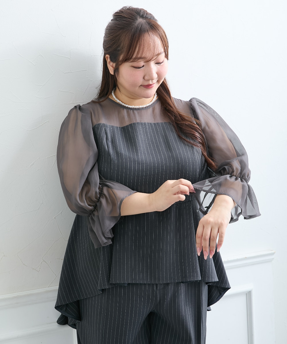 【結婚式・パーティードレス】キャンディースリーブペプラムストライプブラウス+ワイドパンツセットアップ 大きいサイズ2
