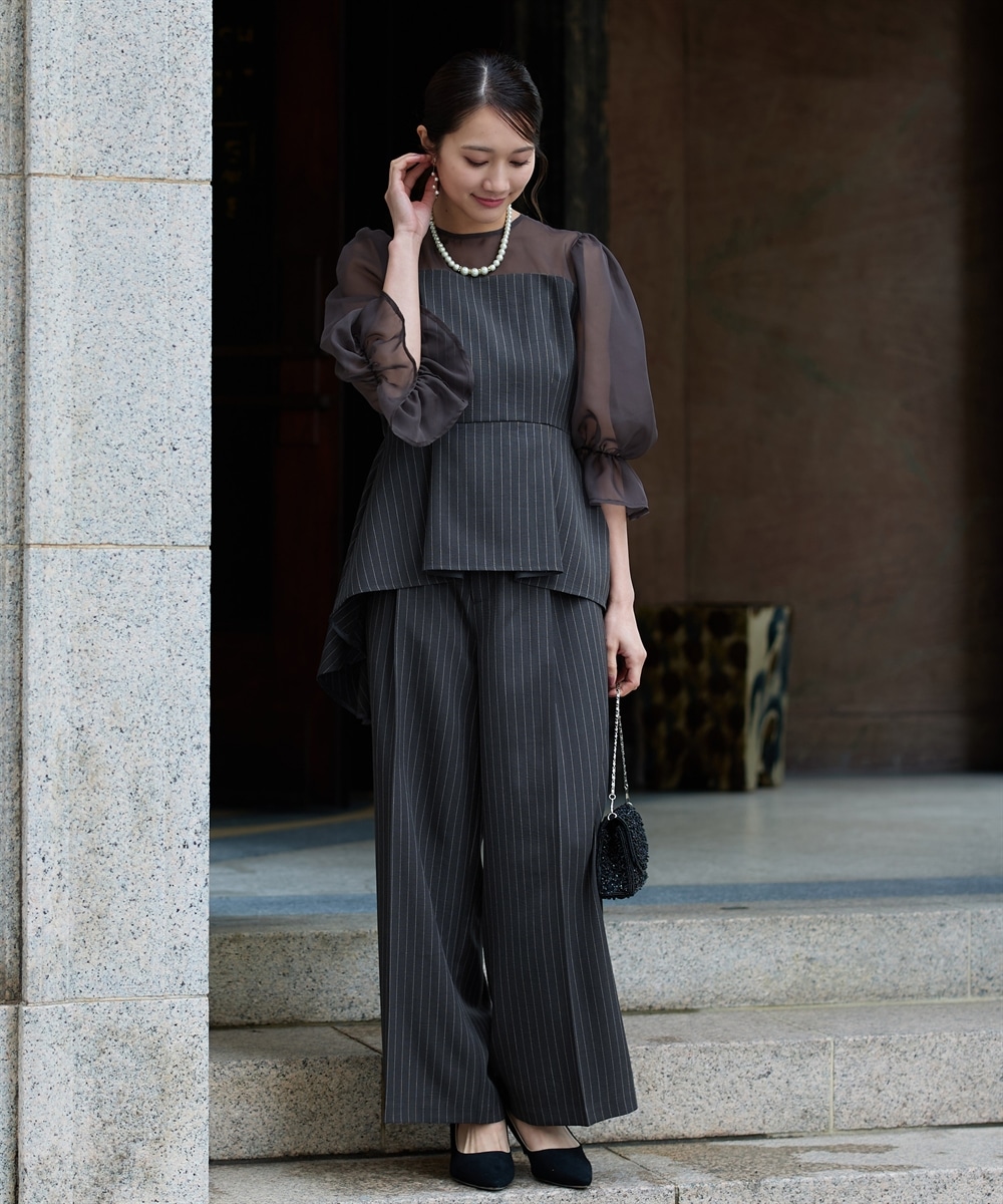 【結婚式・パーティードレス】キャンディースリーブペプラムストライプブラウス+ワイドパンツセットアップ 大きいサイズ1