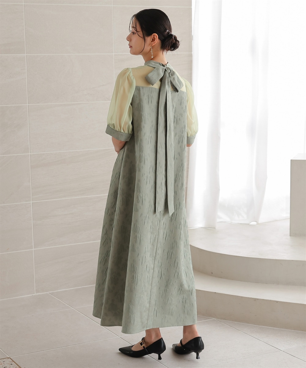 【結婚式・パーティードレス】マルチwayリボンボウタイ付きジャガードワンピース 大きいサイズ12