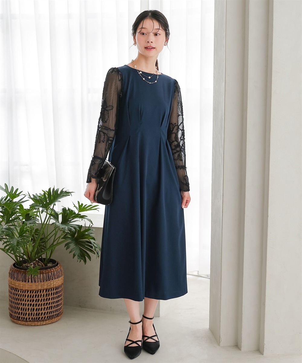 【結婚式・パーティードレス】モール刺繍チュール使いウエストタックデザインワンピースドレス 大きいサイズ7