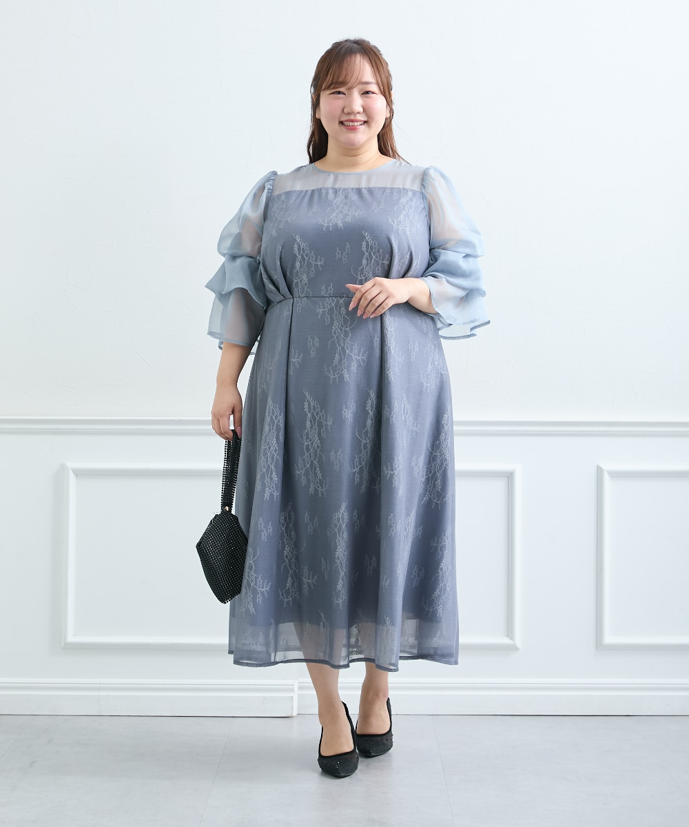【結婚式・パーティードレス】デザインスリーブラメチュールワンピースドレス 大きいサイズ1