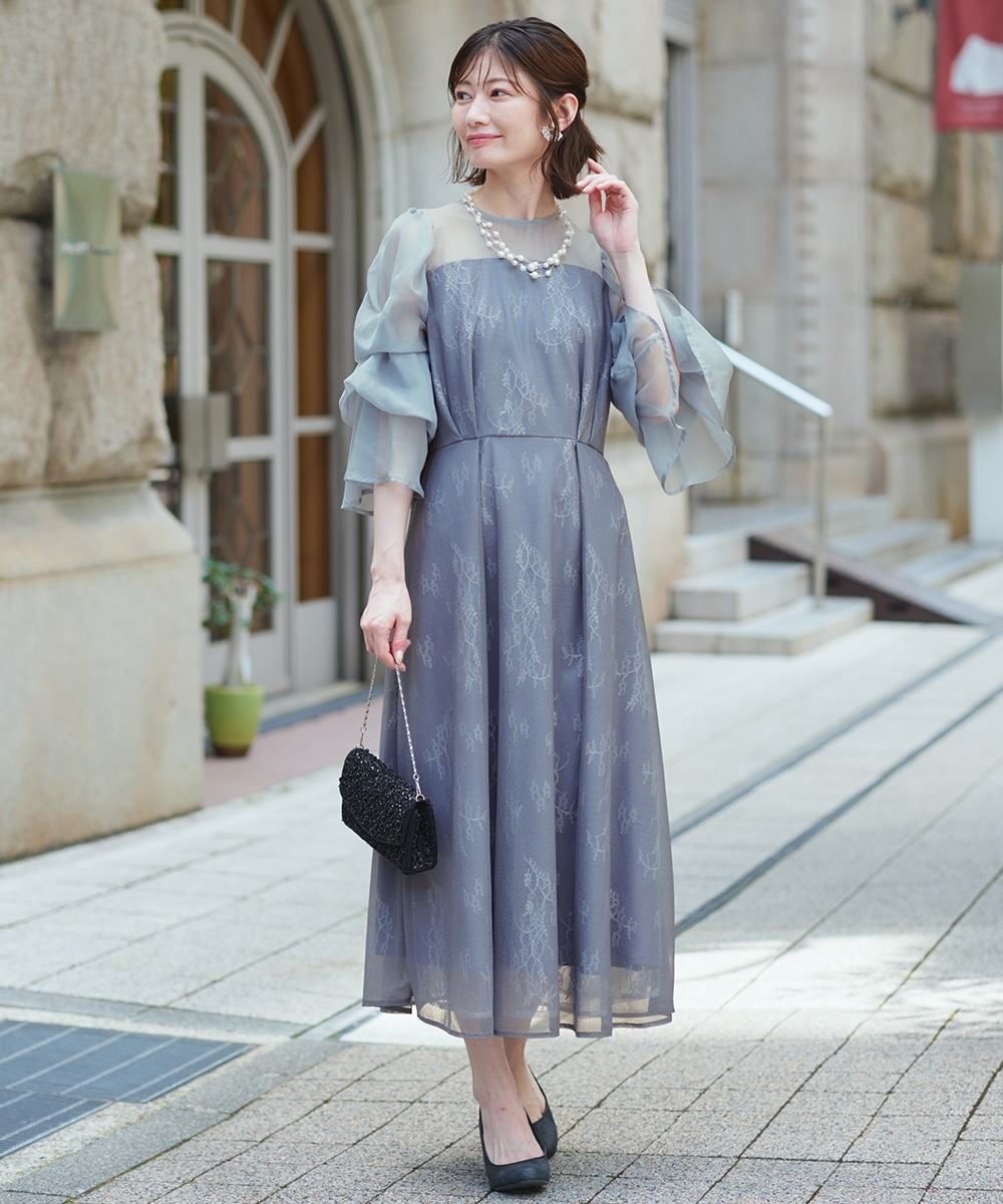 【結婚式・パーティードレス】デザインスリーブラメチュールワンピースドレス 大きいサイズ1