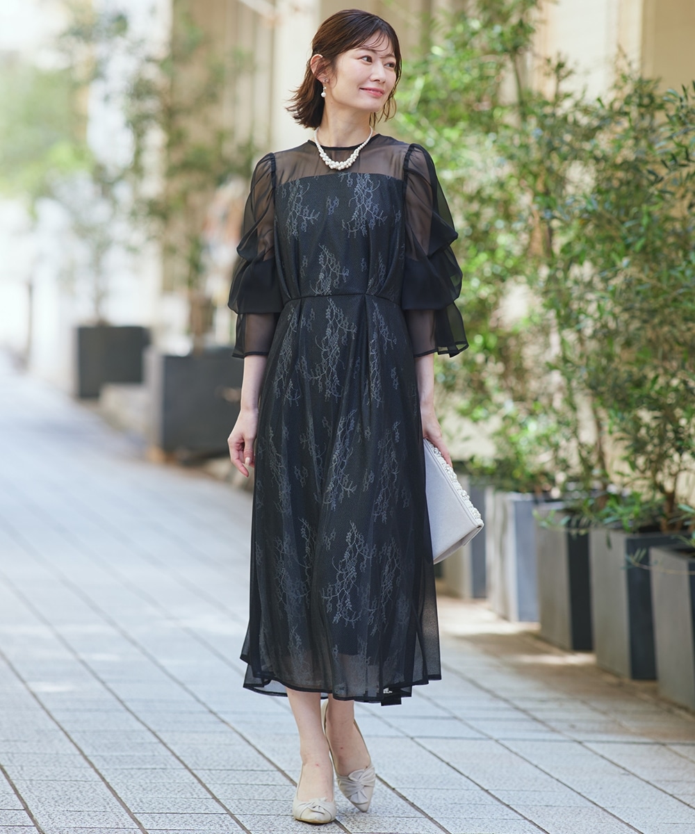 【結婚式・パーティードレス】デザインスリーブラメチュールワンピースドレス 大きいサイズ1