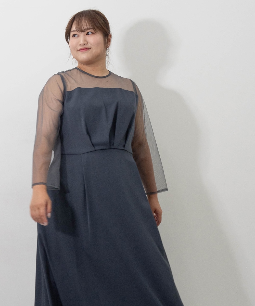 【結婚式・パーティードレス】チュールフリルベスト+ヨーク切替フレアワンピースドレス 大きいサイズ28