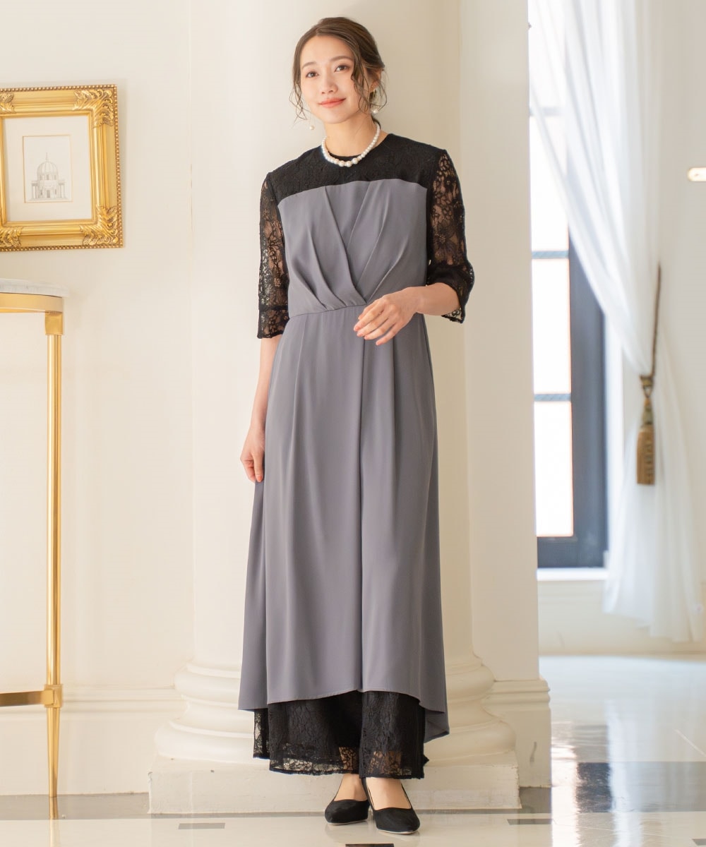 【結婚式・パーティードレス】タックデザインワンピース+レースワイドパンツ 大きいサイズ