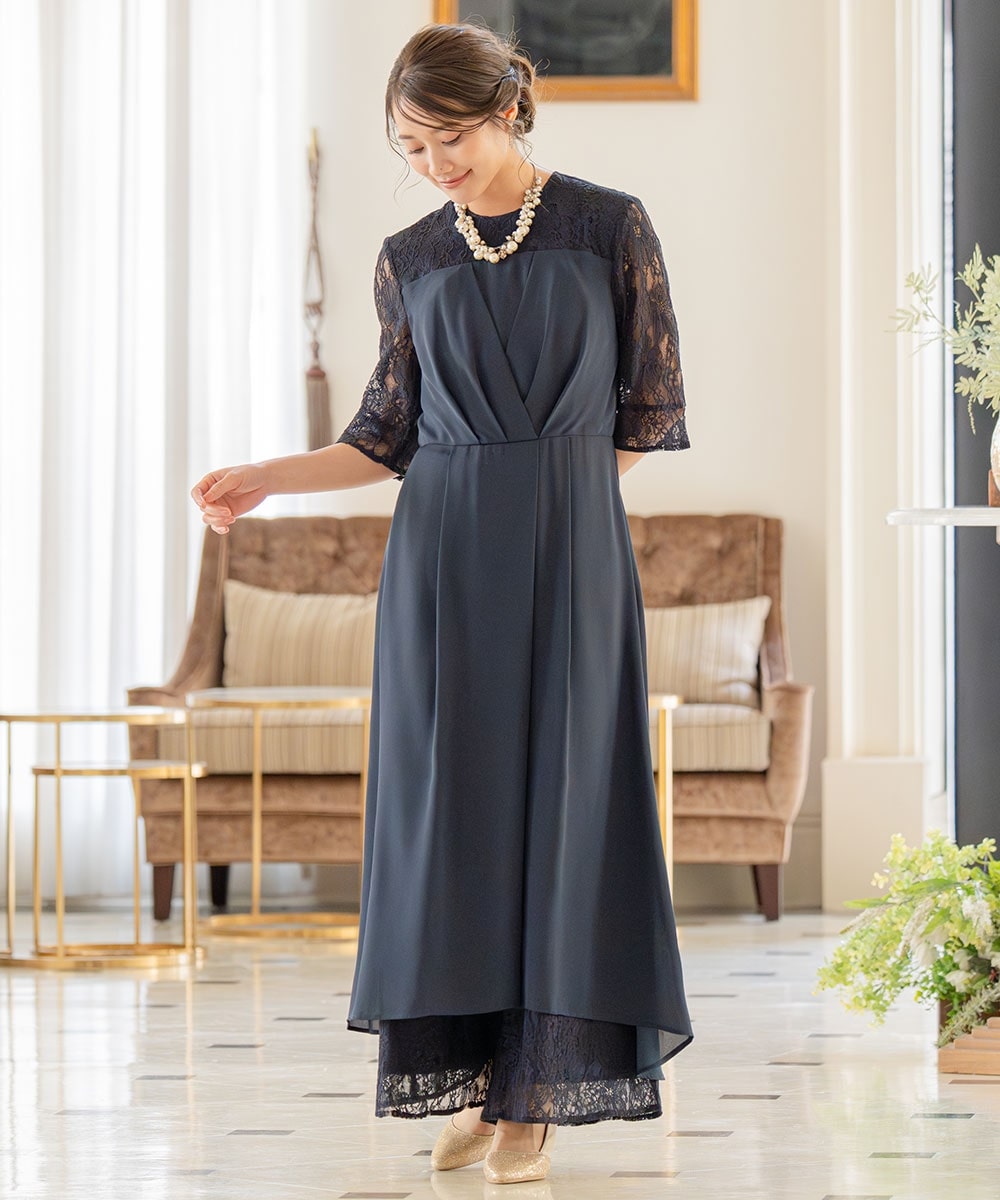 【結婚式・パーティードレス】タックデザインワンピース＋レースワイドパンツ 大きいサイズ
