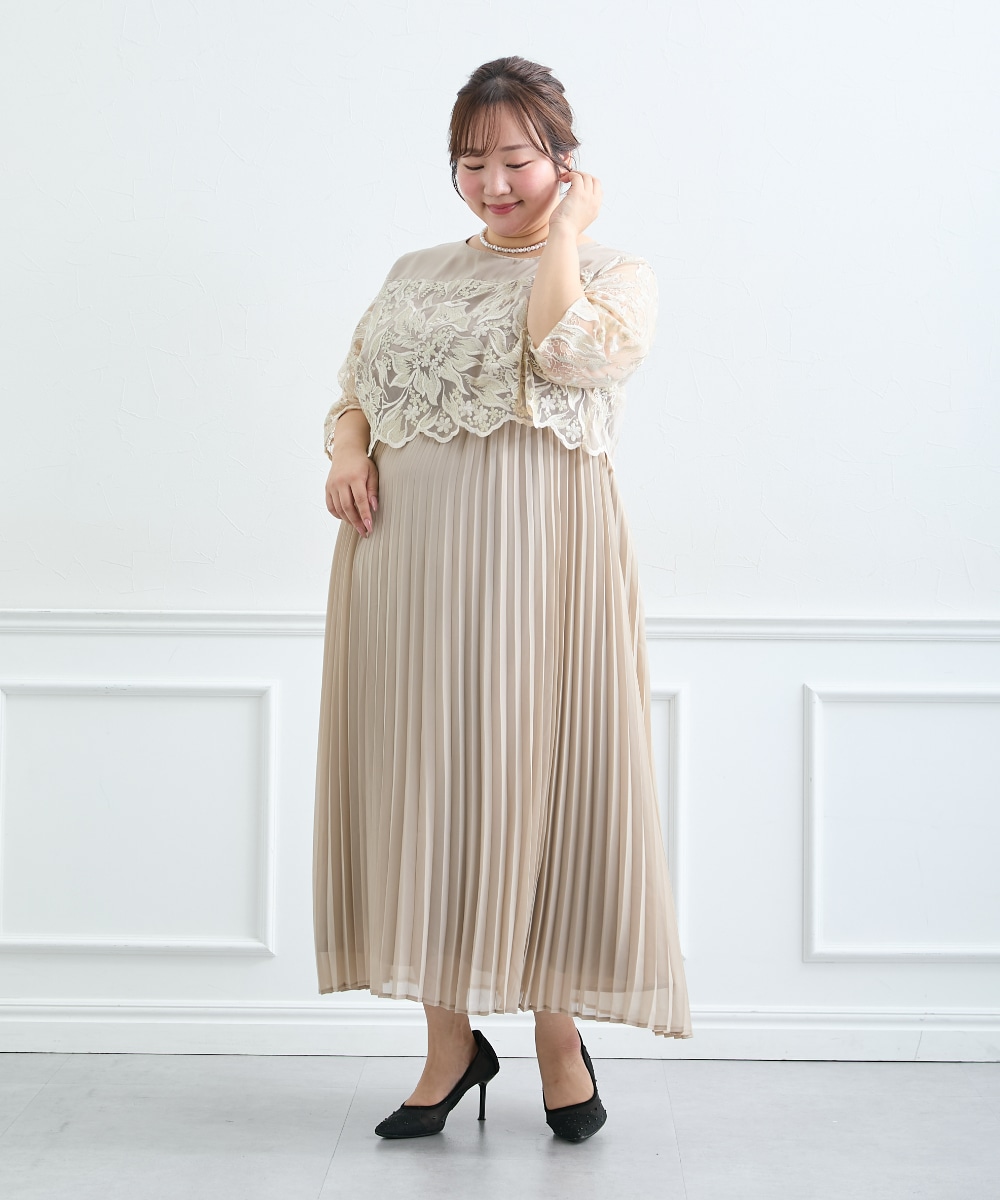【結婚式・パーティードレス】刺繍切り替えプリーツデザインワンピースドレス 大きいサイズ10