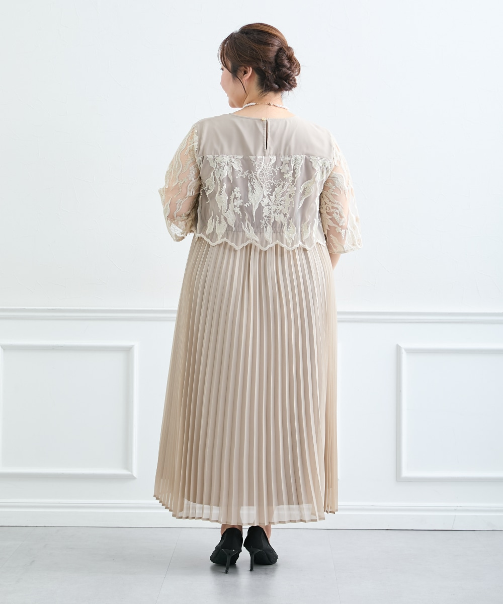 【結婚式・パーティードレス】刺繍切り替えプリーツデザインワンピースドレス 大きいサイズ12