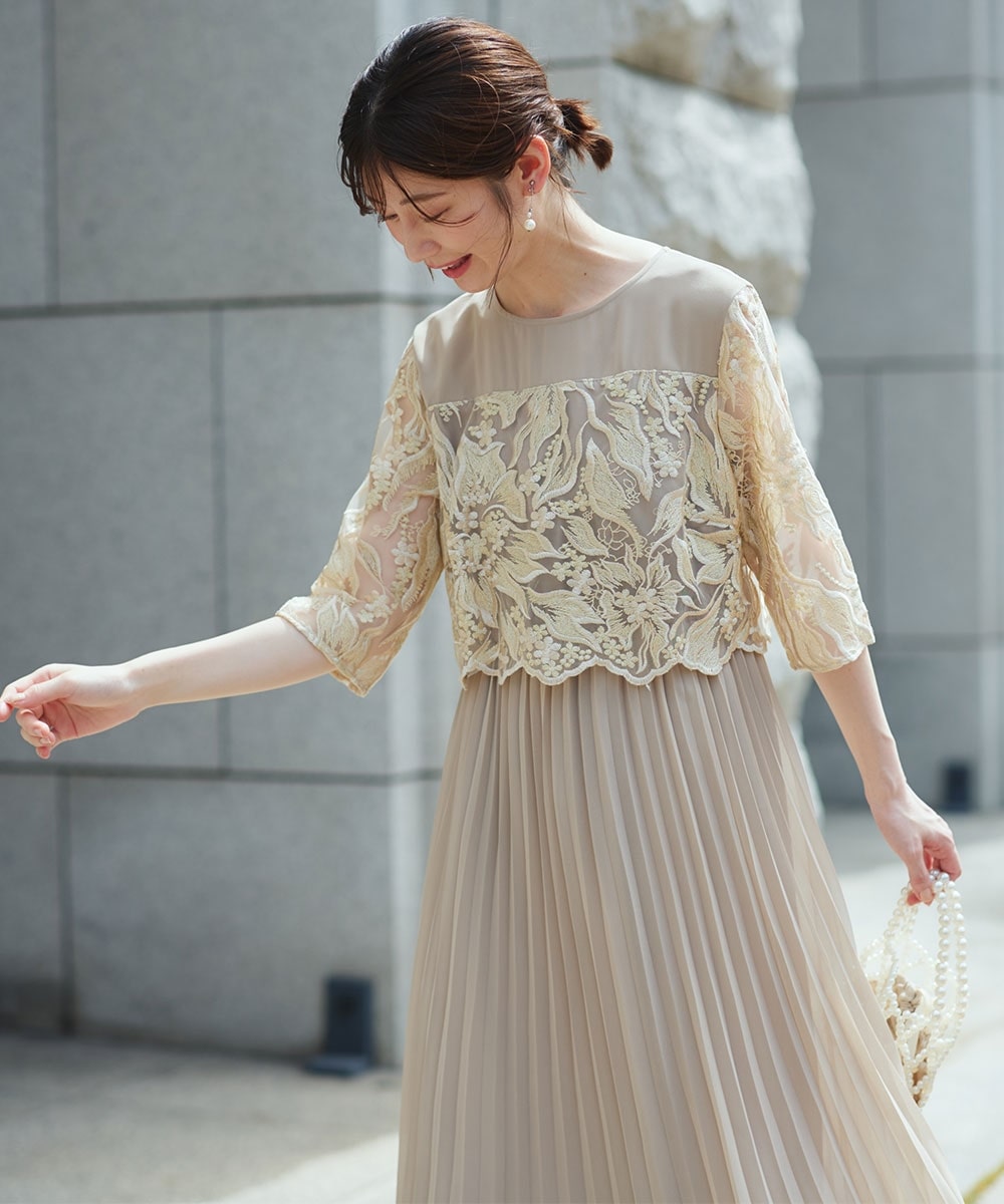 【結婚式・パーティードレス】刺繍切り替えプリーツデザインワンピースドレス 大きいサイズ18