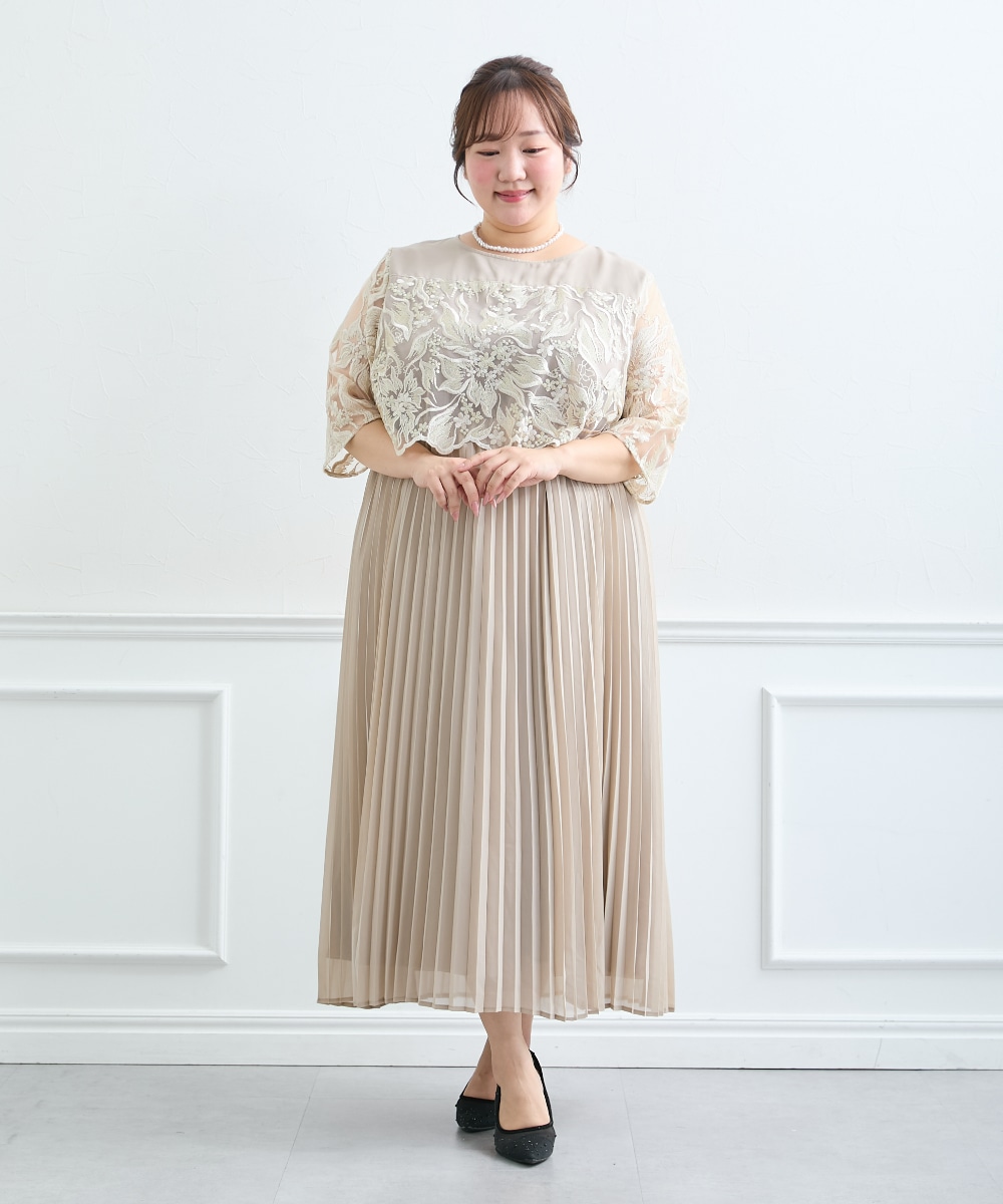 【結婚式・パーティードレス】刺繍切り替えプリーツデザインワンピースドレス 大きいサイズ4
