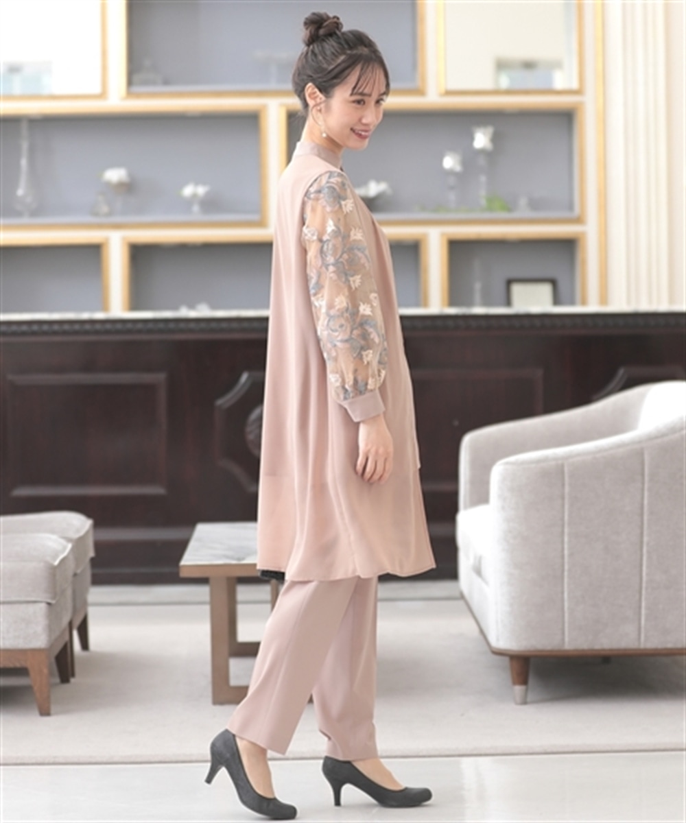 【結婚式・パーティードレス】袖チュールレースフロントファスナーロングブラウス+パンツセットアップドレス 大きいサイズ16