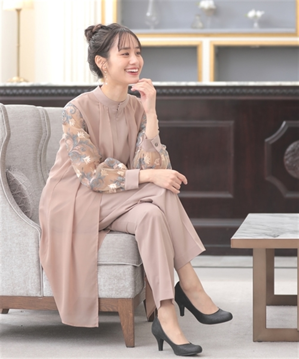 【結婚式・パーティードレス】袖チュールレースフロントファスナーロングブラウス+パンツセットアップドレス 大きいサイズ18