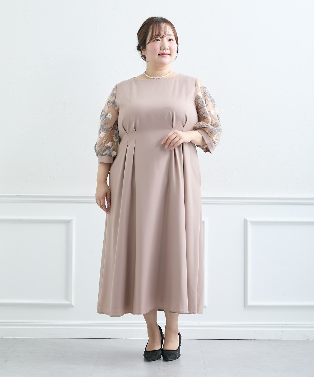 【結婚式・パーティードレス】袖チュールレース使いウエストタックデザインワンピースドレス 大きいサイズ10