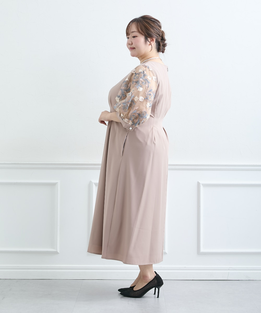 【結婚式・パーティードレス】袖チュールレース使いウエストタックデザインワンピースドレス 大きいサイズ11