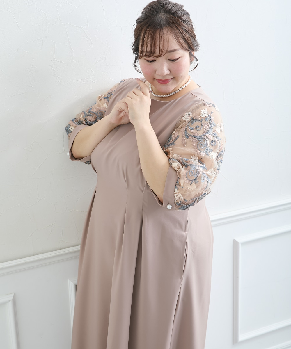 【結婚式・パーティードレス】袖チュールレース使いウエストタックデザインワンピースドレス 大きいサイズ13