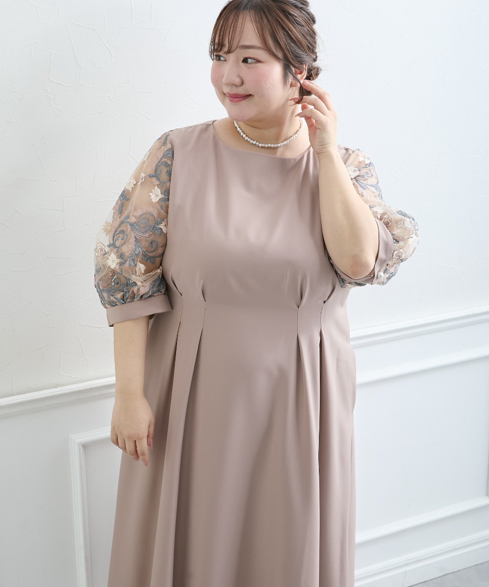 【結婚式・パーティードレス】袖チュールレース使いウエストタックデザインワンピースドレス 大きいサイズ14