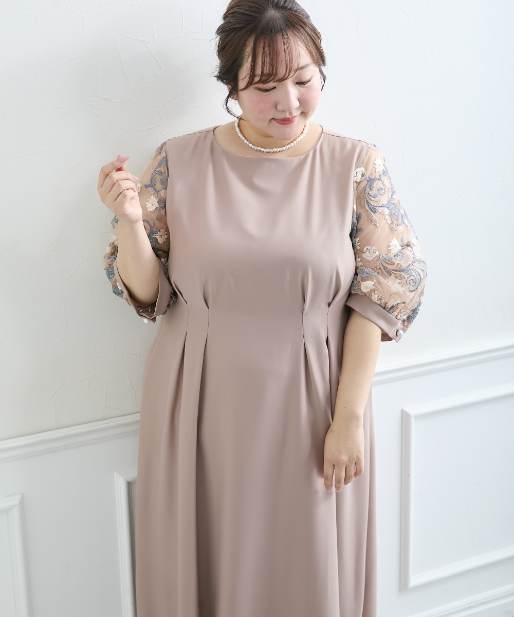 【結婚式・パーティードレス】袖チュールレース使いウエストタックデザインワンピースドレス 大きいサイズ15
