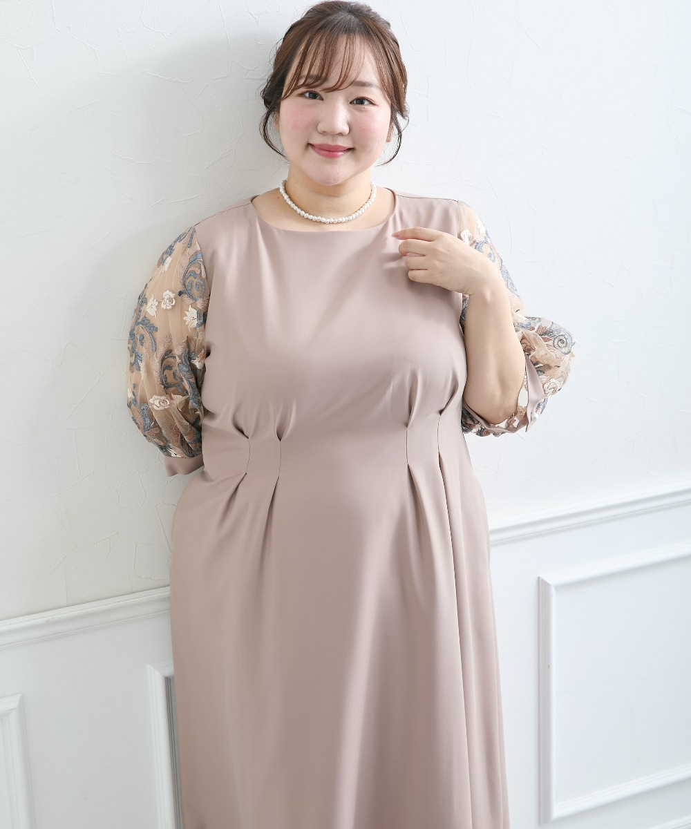 【結婚式・パーティードレス】袖チュールレース使いウエストタックデザインワンピースドレス 大きいサイズ16