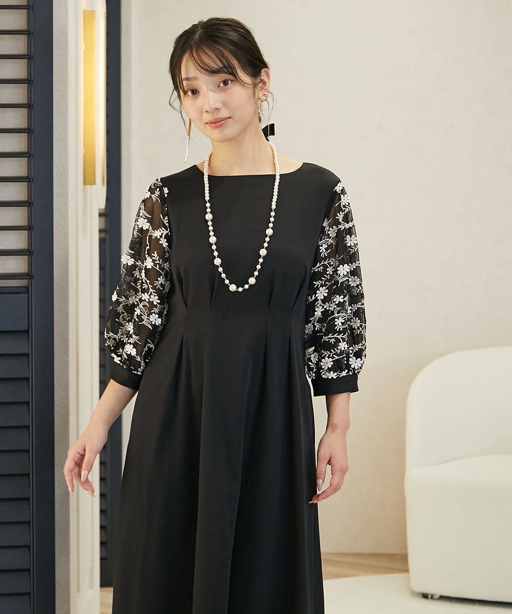 【結婚式・パーティードレス】袖チュールレース使いウエストタックデザインワンピースドレス 大きいサイズ22