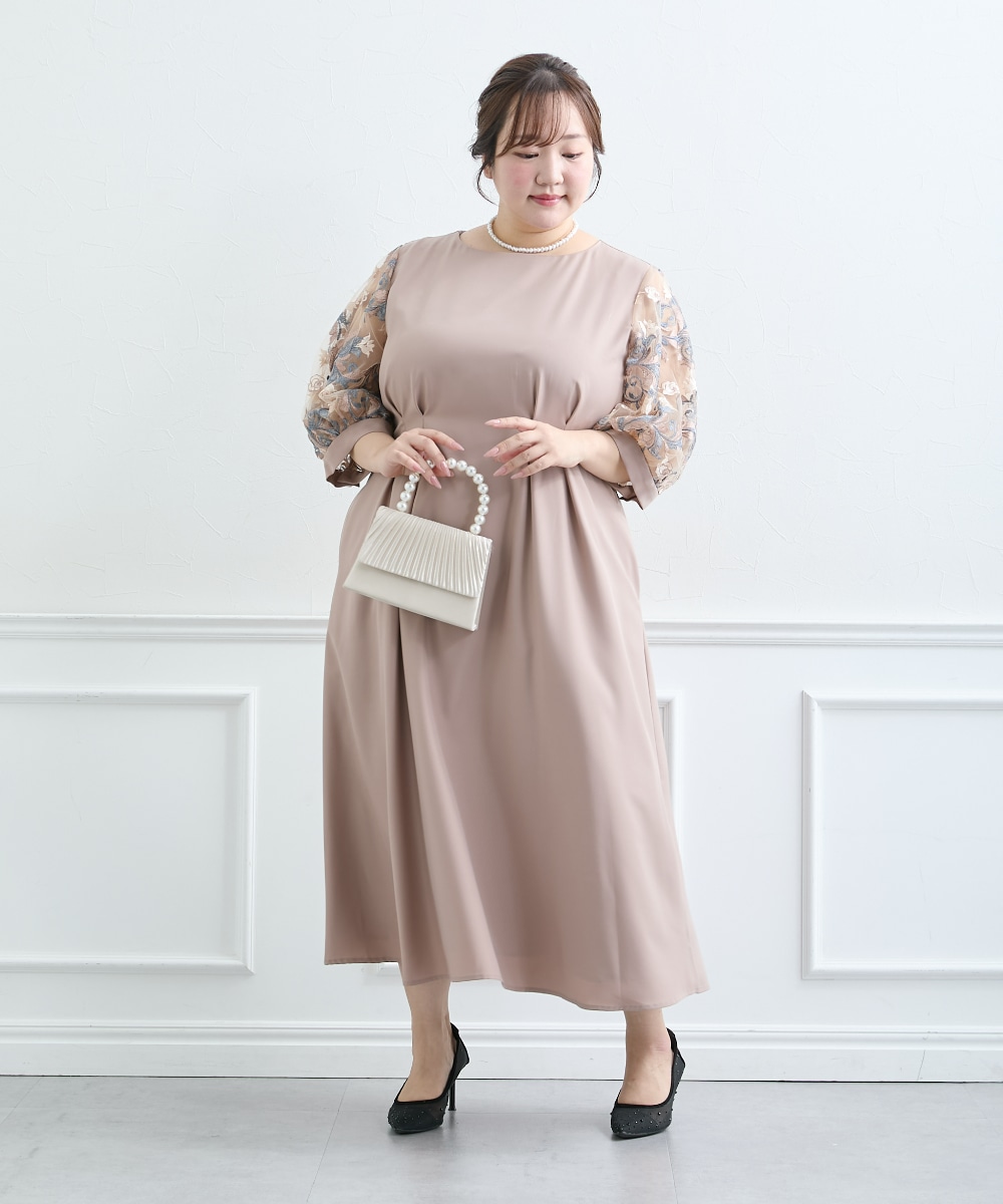 【結婚式・パーティードレス】袖チュールレース使いウエストタックデザインワンピースドレス 大きいサイズ5