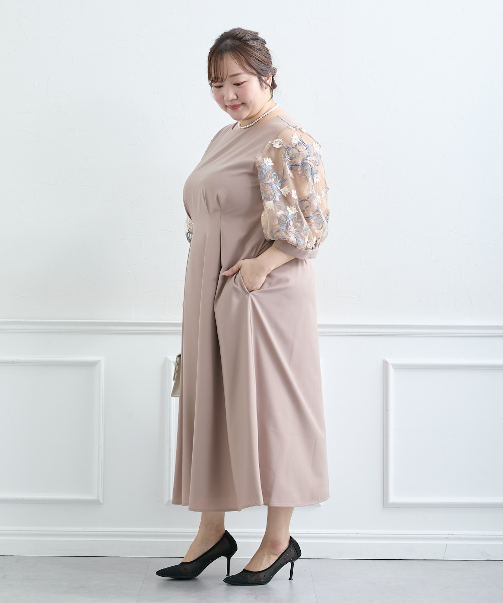 【結婚式・パーティードレス】袖チュールレース使いウエストタックデザインワンピースドレス 大きいサイズ7