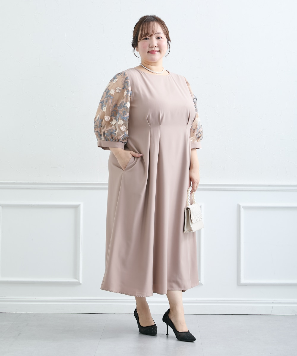 【結婚式・パーティードレス】袖チュールレース使いウエストタックデザインワンピースドレス 大きいサイズ8