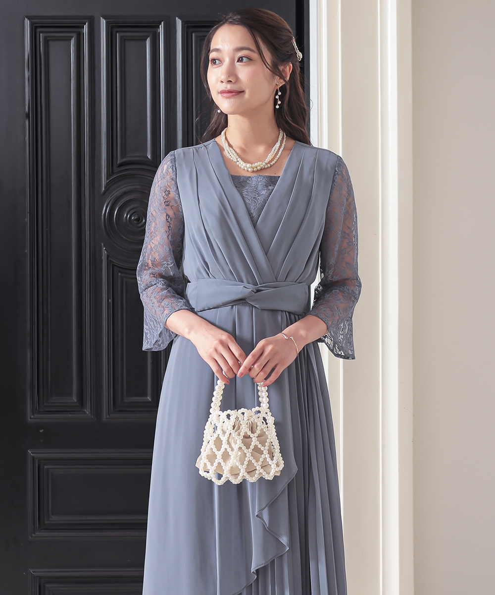 【結婚式・パーティードレス】前開きアシメプリーツ使いレースワンピースドレス 大きいサイズ