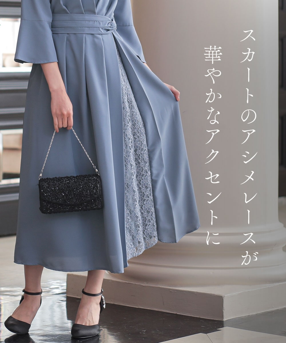 【結婚式・パーティードレス】アシメレーススカート切替ウエストタックワンピースドレス 大きいサイズ2
