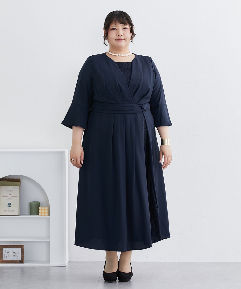 【結婚式・パーティードレス】アシメレーススカート切替ウエストタックワンピースドレス 大きいサイズ22