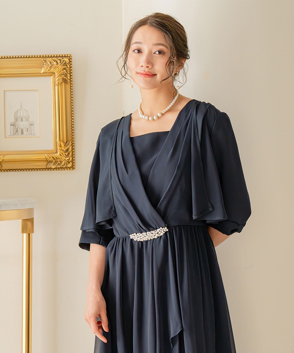 【結婚式・パーティードレス】2点セット(ウエストビジュー前開きワンピースドレス+ジョーゼットボレロ) 大きいサイズ7