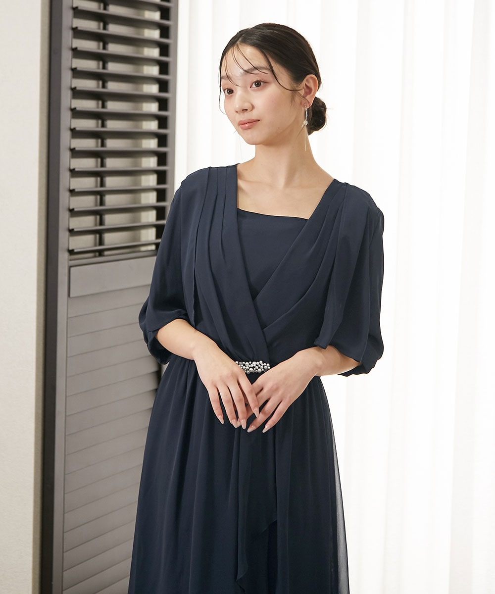 【結婚式・パーティードレス】2点セット(ウエストビジュー前開きワンピースドレス+ジョーゼットボレロ) 大きいサイズ9