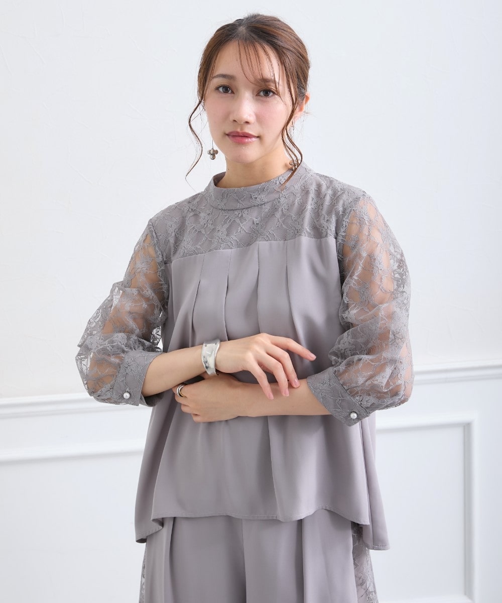 【結婚式・パーティードレス】レース切替ブラウス+レースワイドパンツセット 大きいサイズ15