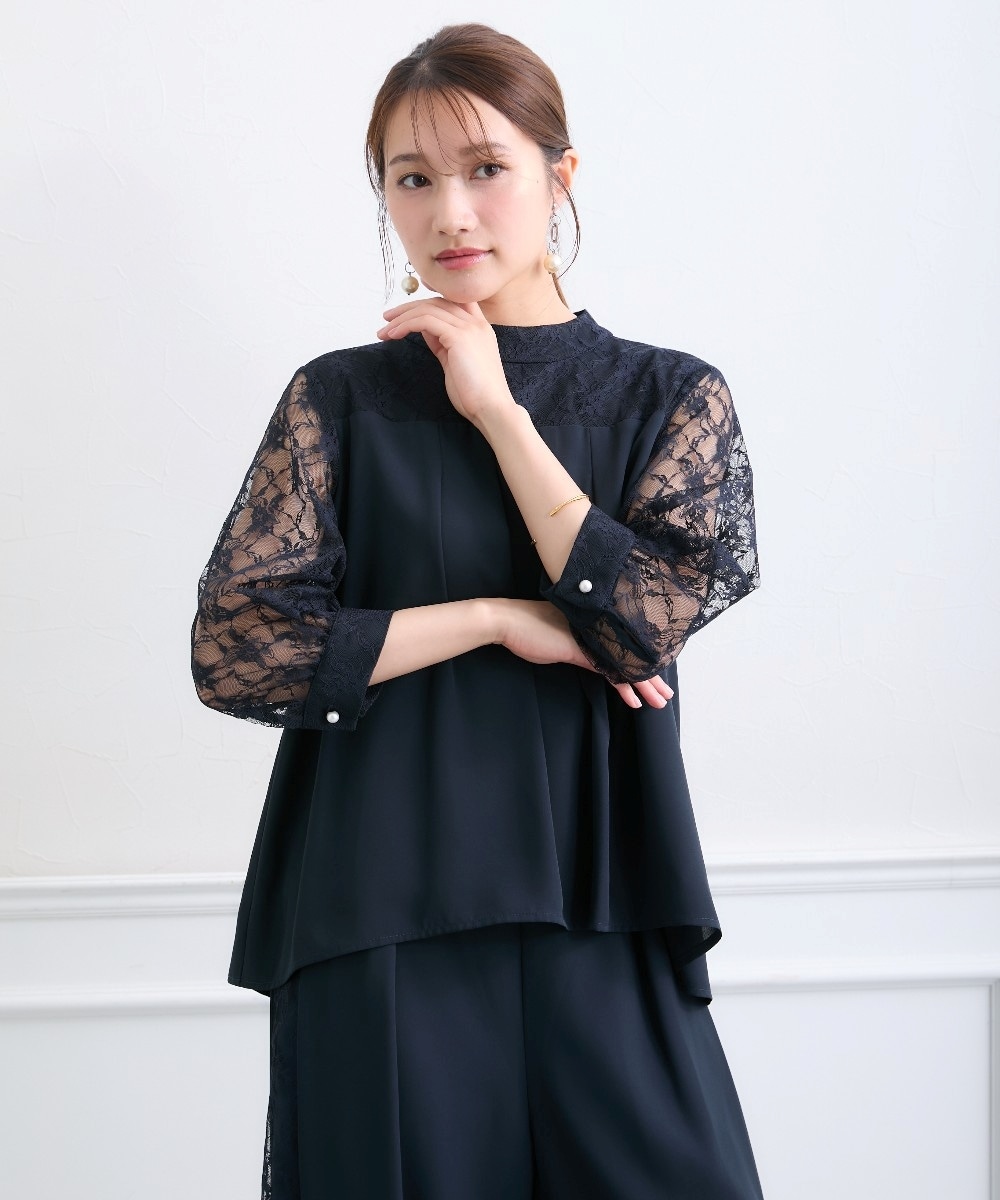 【結婚式・パーティードレス】レース切替ブラウス+レースワイドパンツセット 大きいサイズ26