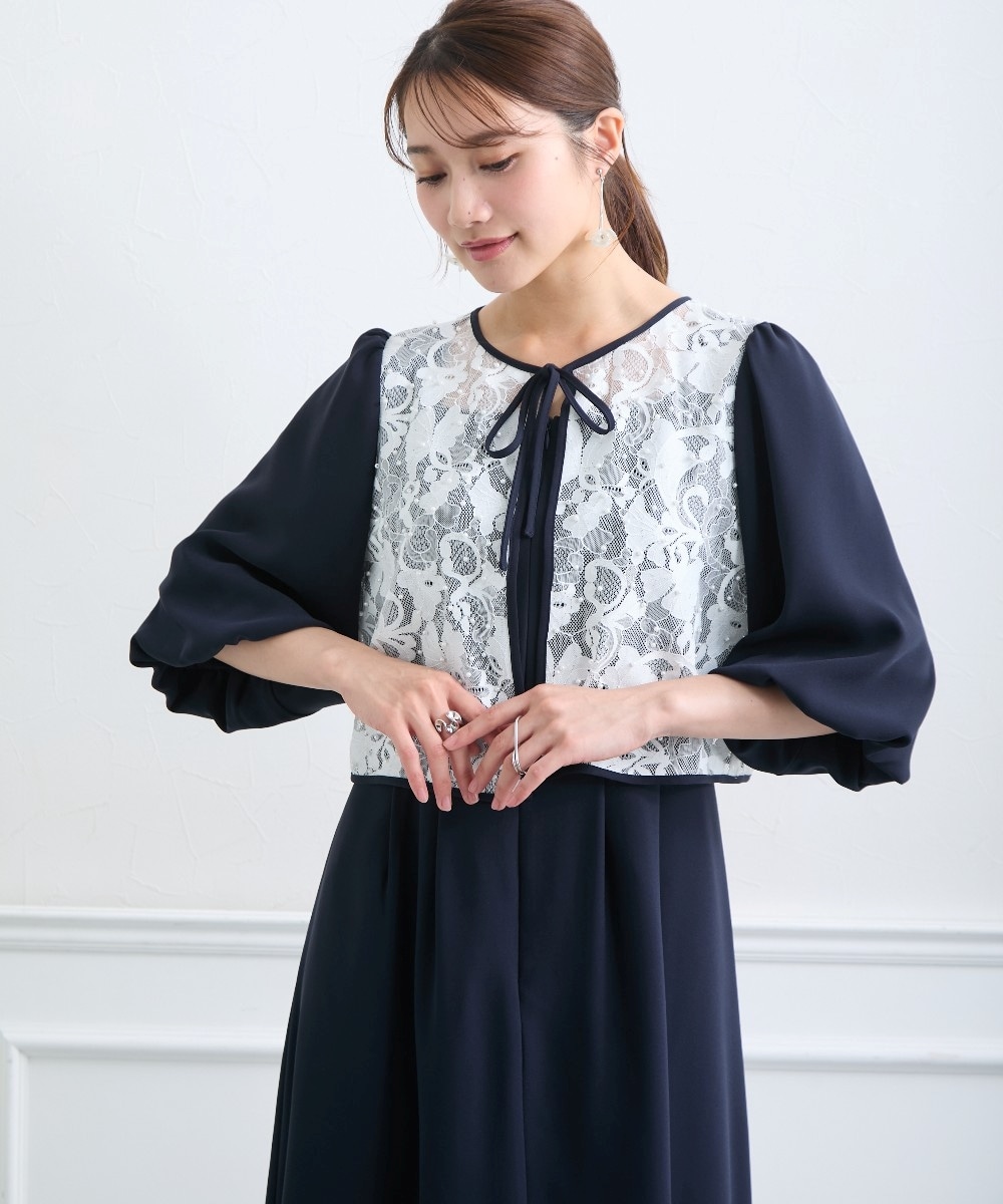 【結婚式・パーティードレス】パールレースドッキングボリュームスリーブドレス 大きいサイズ10