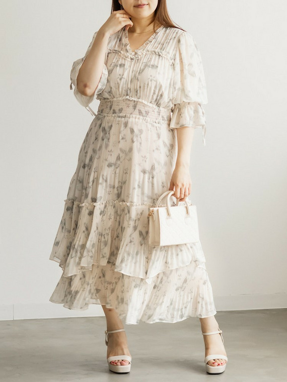 CLETTEオリジナルバタフライ柄フリル使いプリーツワンピ―ス
