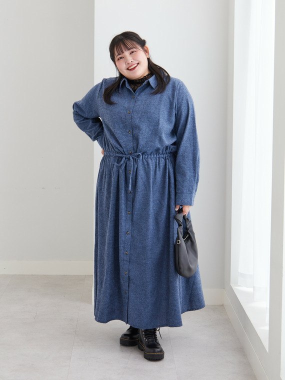 細魅せデニムシャツワンピースコーデ