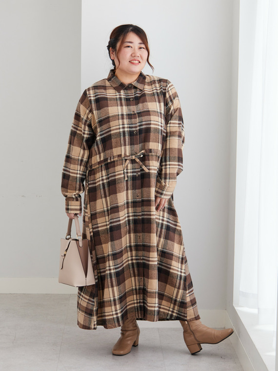 フランネルチェックシャツワンピースコーデ