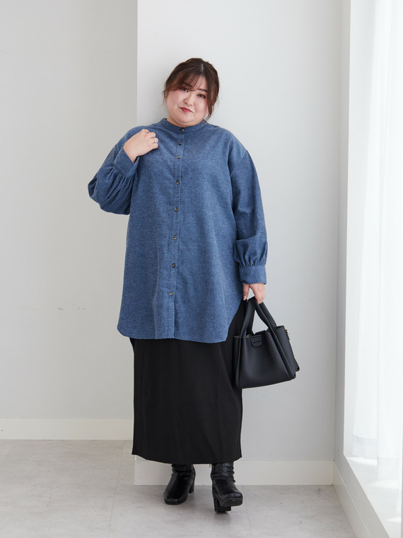 フランネルバンドカラーシャツコーデ