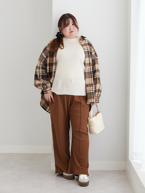 フランネルボリューム袖チェックシャツコーデ