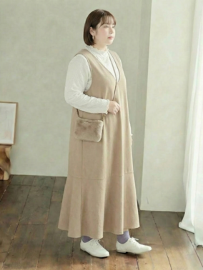 ストレッチ 五分袖 リブトップス×マーメイド ジャンスカ 2点セットコーデ