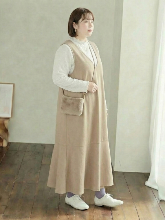 ストレッチ 五分袖 リブトップス&times;マーメイド ジャンスカ 2点セットコーデ