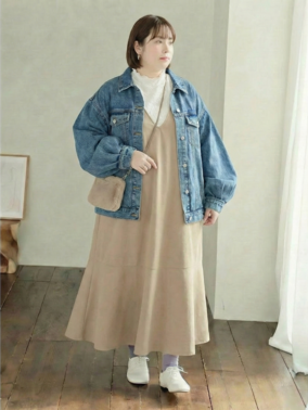 ストレッチ 五分袖 リブトップス×マーメイド ジャンスカ 2点セットコーデ