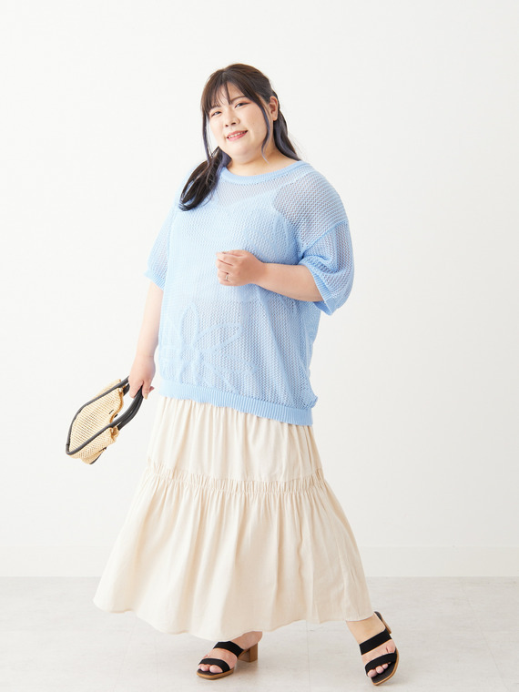 さらっと可愛い！ 綿タッチ メッシュ編み 花柄 ジャガード ゆるニット