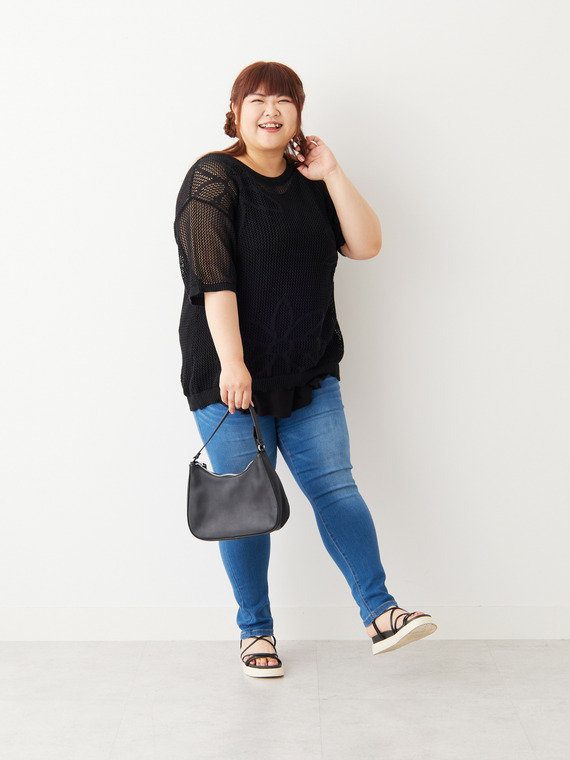 さらっと可愛い！ 綿タッチ メッシュ編み 花柄 ジャガード ゆるニット