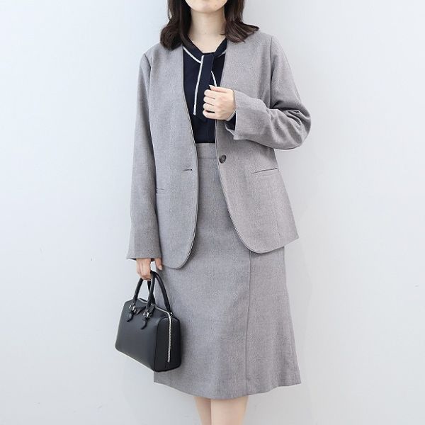 ウール調シャークパイピングノーカラージャケット／スカート