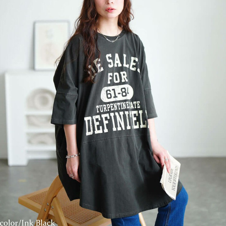 大きいサイズ レディース ロゴプリントコットンチュニックTシャツ