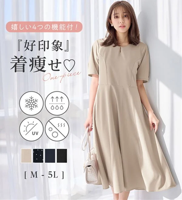 タック袖Ａラインワンピース　大きいサイズレディース