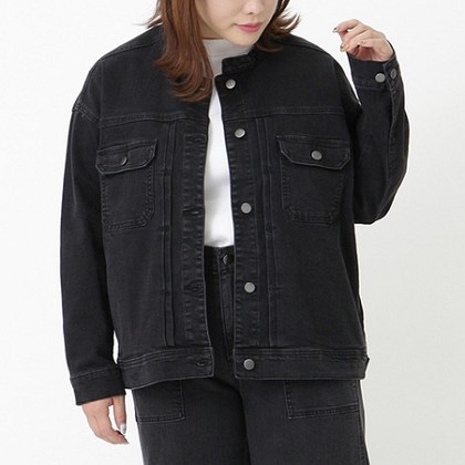 【3-10L】ストレッチデニムバイオウォッシュノーカラーGジャン　大きいサイズ レディース