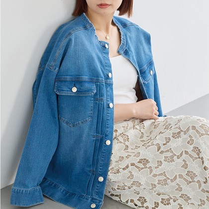 ノーカラーデニムジャケット　LL/3L/4L/5L　春アウター　ラビアンジェ